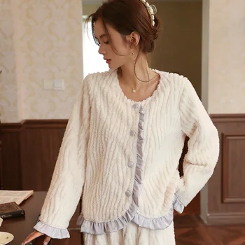Prancūzų Stiliaus Naujas Moterų Pajama Komplektai Rudens Žiemos Ilgos Rankovės Sleepwear Pijama Koralų Vilnos Kontrasto Spalvų Pižamos Namų Kostiumas