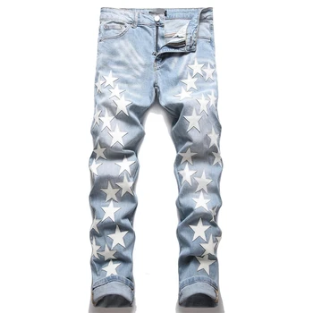 Nauja Europos White Star Skaitmeninės Spausdinamos Jeans vyriški Plonas korpusas Gėlių Kelnės Mados Ruožas Pieštuku Kelnės Atsitiktinis Cllothing