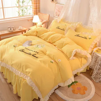 Mažas šviežių lova sijonas keturių dalių princesė stiliaus mergina širdies išsiuvinėti antklodė padengti lapo nėrinių lovatiesė patalynė užvalkalas