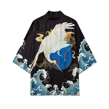 Japonų Kimono Streetwear Plaukiojantys Kranai Grafinis T Marškinėliai Harajuku Vyrų Drabužiai