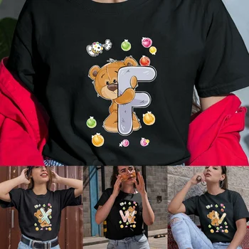 T-Shirt 2023 Moterų Drabužių Vasaros Mados Trumpas Rankovės O-Kaklo Megztinis Marškinėlius Lokys Laišką Anime Harajuku Tees Moterų Top Marškinėliai