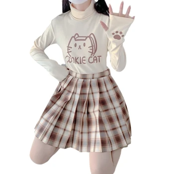 Japonijos Lolita Kawaii Moterų Golfo marškinėliai Cute Kačių Grafinis Viršūnes Jk Cosplay Minkštas Mergaičių Drabužius Saldus Long Sleeve Tee Marškinėliai