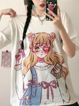Deeptown Harajuku Anime Grafinis T-shirt Moterims, Retro Animacinių filmų Marškinėlius kawaii girl Spausdinti Trumpas Rankovės y2k Viršų Naujas Mados korėjos