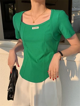 Vasaros Nereguliarus Žalia moteriški Marškinėliai trumpomis Rankovėmis Aikštės Apykaklės Dugno korėjos Atsitiktinis Marškiniai, Elegantiškos Viršūnes Moterų 2022 Naujas