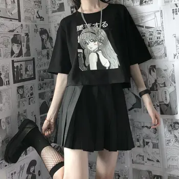 MINGLIUSILI Kawaii Juoda Anime, Print T-shirt Moterims, Japonų Stiliaus marškinėliai Moteriški Mados Negabaritinių Visas rungtynes, Trumpas Rankovės