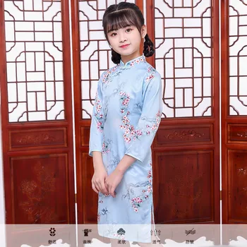 2021 Naujųjų Metų Mergaičių Kinų Gėlių Qipao Cheongsam Suknelė 4-14 Metų