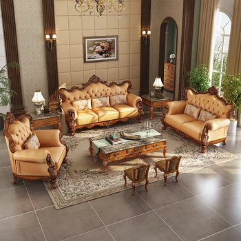 Medžio masyvo sofa-visus medžio masyvo klasikiniai Amerikiečių villa baldai Europos viršuje oda medžio masyvo sofa