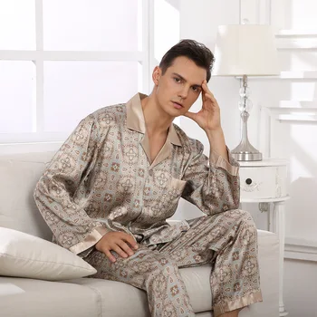 Vyrų Spausdinti Šilko V-Kaklo, Jaukus Minkštas Pižamą Ilgomis Rankovėmis Viršūnes + Kelnės Dviejų Dalių Mens Pajama Nustatyti Homewear Pižamos Sleepwear