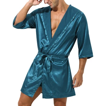 Vyrai Mantija Rinkiniai Juostinės Kimono Pusė Rankovėmis Chalatas naktiniai drabužiai Loungewear Atidaryti Priekiniai Gobtuvu Nakties skraiste Satino Sleepwear