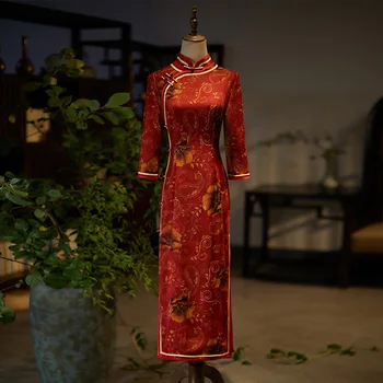 Seksualus Tradicinės Kinų Mandarinų Apykaklės Anakardžių Spausdinti Satino Moterų Qipao Elegantiškas Septynių Taškų Rankovės Cheongsam