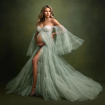 14504#Elegantiškas, Mėtų Žalia Motinystės Suknelė Photoshoot ar Babyshower Tiulio Motinystės Suknelės Ilgas Varpas Rankovėmis Nėštumo Suknelė