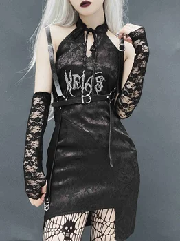 Gotikos Suknelė Nauja Mados Tamsiai Retro Goth Moterų Suknelė Nonsleeve Letter Spausdinimo Backless Kratinys Gotikos Stiliaus Seksualus Ponios Suknelė