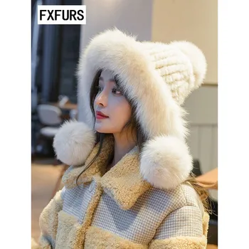 2020 Fxfurs Mados Moterų Žiemos Naujų Ausų Apsaugos Fox Fur Kamuolys Cute Lėlės Skrybėlę Šiltas Mink Austi Kailio Kepurę