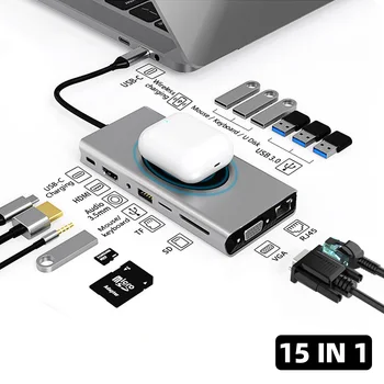 USB 3.0 Hub Nešiojamas Adapteris PC Kompiuteris PD Belaidžio Įkrovimo Dokas Stotis HDMI TF/SD Kortelę Nešiojamojo Tipo-C Splitter 15/14/6/5/4 1