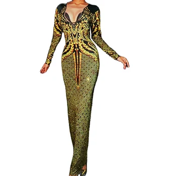 Aukso Putojantis Blizgučiai Cirkonio Asmenybės Modelio Spausdinimo Kulkšnies Ilgio Suknelės Backless Veiklos Suknelė Moterų Šokių Drabužiai
