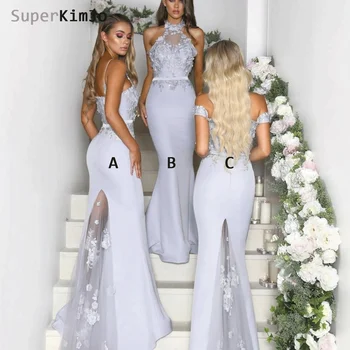 SuperKimJo Vestido Longo Sidabro Bridesmaid Dresses Ilgai 2020 Pigūs Undinė Nėrinių Aplikacijos Aukšto Kaklo Vestuvių Suknelė Svečias