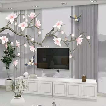 Custom Sienų Tapetai Magnolia Gėlių Rankoje-dažytos Gėlės ir Paukščiai Fono Sienos