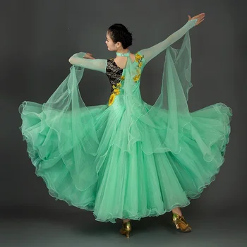 Žalia Sportinių Šokių Konkurencijos Suknelė su blizgančiais valsas suknelė standartinių šokių suknelė rumba šokio kostiumai kamuolys suknelė šokių drabužiai