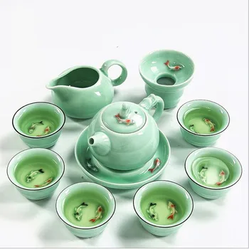 Arbatos rinkinys Apima 1Pot ir 6 Puodeliai, Jingdezhen spalvos jūros vandens Žuvys Kung Fu, Gražus ir lengvai arbatos virdulys nemokamas pristatymas