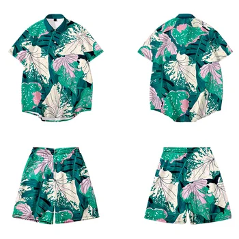 Mados Vyrų Havajų Spausdinti Trumpas Rankovės Turn-žemyn apykaklės Marškinėliai Streetwear 2021 M. Vasaros Paplūdimio Palaidinė Ir Šortai Rinkinys