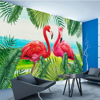 Custom Sienų Tapetai Šiaurės Stiliaus Ranka-dažytos Augalų Flamingo Sienų Medžiaga Kambarį, Namų Apdaila, Sienų Dažymas Papel De Parede