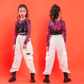 3Pcs Šokio Kostiumai Mergaitėms Jazz Pink Leopard Print Viršuje Kelnės Nustatyti Hip-Hop Streetwear Šiuolaikinio Gatvės Šokio Spektaklis Vaikams 2022