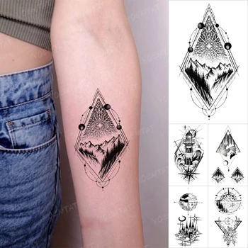 Atsparus Vandeniui Laikina Tatuiruotė Lipdukai Kalnų Miškų Geometrinis Kraštovaizdžio Pavyzdys Tatto Rankos Body Art Mažos Tatuiruotės Vyrai Moterys